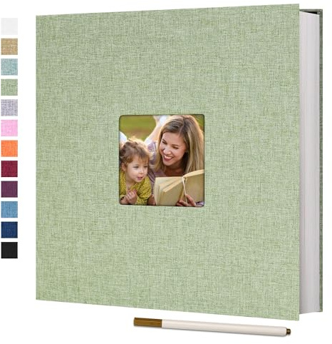 Vienrose Photo Album Self Adhesive with Window 60 Pages 33x32cm Grass Green | Linen Cover, Scrapbook Album, 4X6 8X10 Photos, Metallic Pen, Wedding Baby Travel