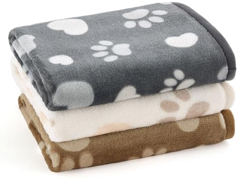 BEDSURE Hundedecke, Katzendecke Waschbar, Flauschig, 3 Stück Fleece Decken für Hunde & Katzen, Weiche Kleine Decken für Unterwegs, Couch, Auto, Kuscheldecke Hellbraun/Grau/Creme XS (58x41 cm)