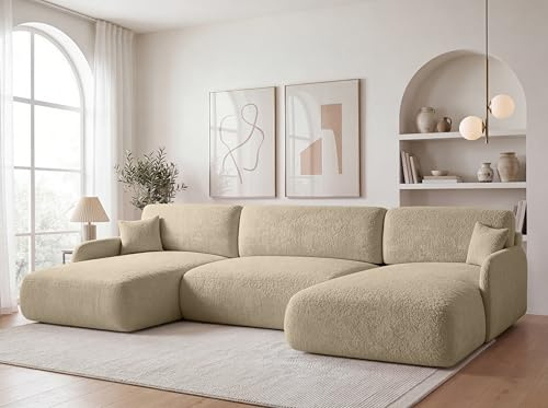 KP-Meble U-Form Wohnlandschaft mit Schlaffunktion 360x175 cm Bouclé Beige – Großes Schlafsofa mit Bettkasten, Moderne Couch mit Stauraum Pierr (Anthology 3)