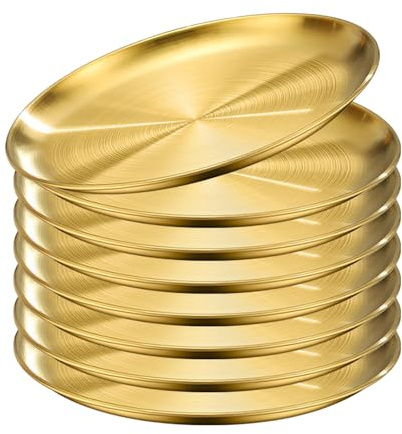 Mocifa 8 Stück Teller Gold Rund, Speiseplatte Edelstahl 26 cm, für Küche | Tablett Gold Rund, Servierteller, Goldene Serviertablett, Dekoteller Rund Gold, für Camping, Picknick, Grill, Esszimmer