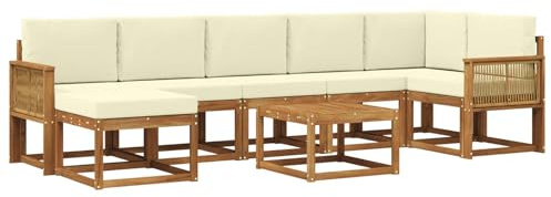 vidaXL Outdoor-Sofagarnitur mit Kissen 8 pcs Natur und Creme Polyester, Modernes Garten-Sofa-Set, Flexible Sitzgelegenheiten, Akazienholz, Lounge für Poolbereich, schnell zusammengebaut