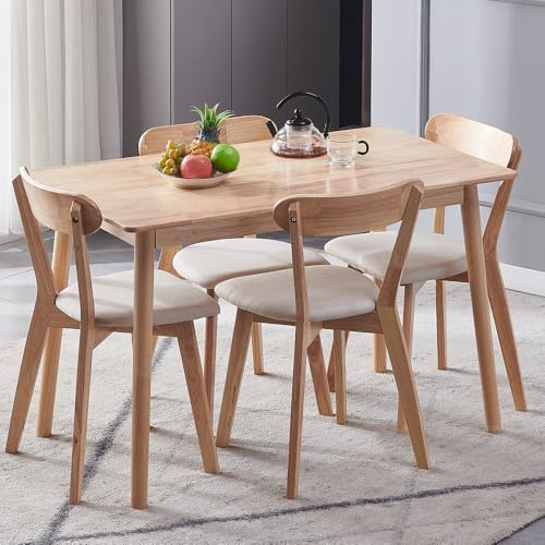 dekuizeng 5-teiliges Tisch und Stühle Holz Natur, Esstisch und 4X Stuhl mit Festem Rückenlehne,FSC-Zertifizierung,für Küchen Wohnzimmer (5, Holzfarben/Weißes Polster, Tisch und Louis-Stühle)