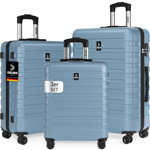 DEUBA TRAVEL Koffer Set 3tlg Hartschalenkoffer Pastell Blau | Sicherer Stauraum, Kreuzgurt, PVC Fach, Reisekoffer M, L, XL, Trolley, Suitcase, 360° Rollen, Handgepäck 55x40x20