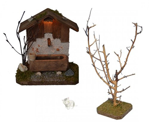 Brunnenhaus mit Beleuchtung mit Baum und Katze für Krippe Weihnachtskrippe Krippenstall Krippenzubehör