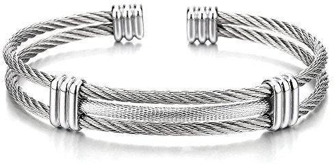 COOLSTEELANDBEYOND Edelstahl Elastische Herren Damen Armband Verstellbare Stahlkabel Armreif Farbe Silber
