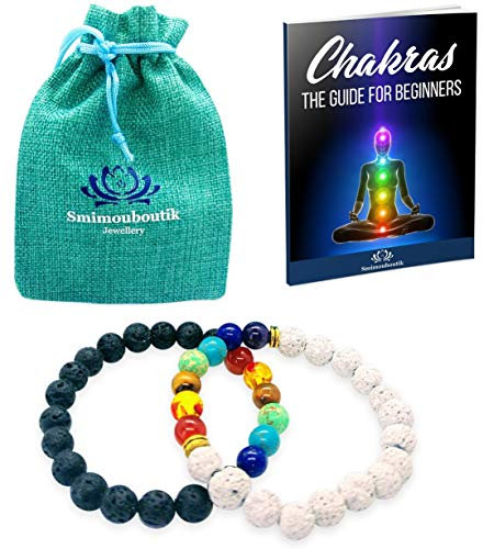 Smimouboutik Chakra Armband [2 PCS] GRATIS: Ebook Wird auf Anfrage zugesandt - Für alle Handgelenke in Schwarze & Weiße Lavaperlen und Onyx 8 mm - Für Meditation, Yoga, Aromatherapie & Reiki
