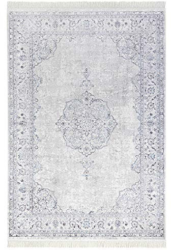 Nouristan Orientalischer Teppich – Wohnzimmerteppich mit Fransen Oriental Vintage Medaillon Naveh Samt-Teppich für Wohnzimmer, Schlafzimmer, Esszimmer, Küche, Flur – Pastell-Blau, 95x140cm