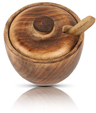 Dekorative rustikale hölzerne Zuckerdose & Löffel mit Deckel, breite Öffnung, Süßigkeitenbehälter, Gewürzbehälter, Nüsse, Servierschale, Topf, Salz, Gewürze, Kräuter, lose Blätter, Vorratsbehälter