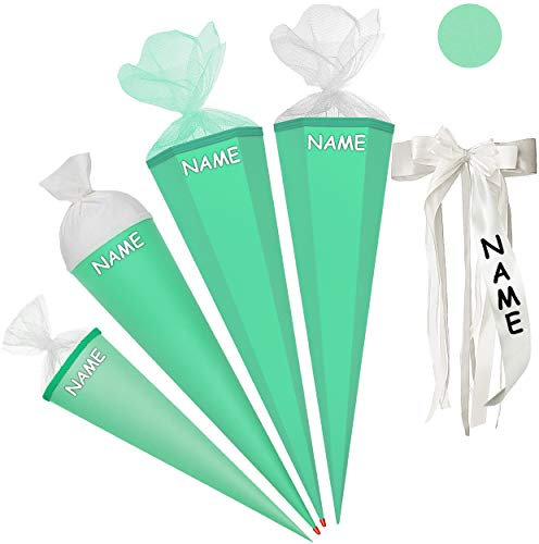 Schultüte - Rohling - Mint grün - türkis - 85 cm - mit Holzspitze - 6 eckig - incl. Name und individueller großer Schleife - Tüllabschluß - Zuckertüte - Roth ..