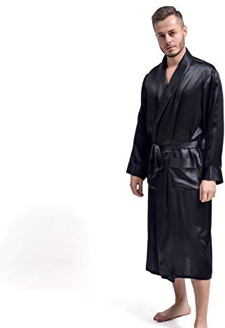 THXSILK Seide Bademantel für Herren Hausmantel Morgenmantel Lang aus Seide 19 Momme (Schwarz, XXXL)