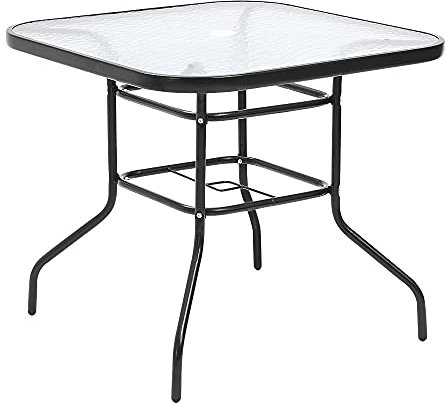 Panana 80cm Square Garden Dining Table Tempered Glass Top Metal Frame Outdoor Coffee Table Parasol Umbrella Stand Hole Patio Balcony Backyard Lawn Black
