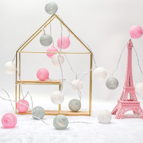 Lichterkette Cotton Ball, KWODE LED Cotton Bälle Light USB& Batteriebetrieben, Kugel Kette für Innen Mädchen Teenager Baby Zimmer Deko Home Weihnachten Hochzeit Party Ø4cm Kleine Bälle pink-gray-white
