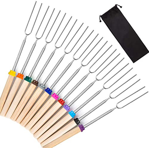 xingzhi Lot de 12 brochettes télescopiques pour guimauve et hot-dog avec poignée en bois et sac de rangement pour feu de camp, barbecue, brasero