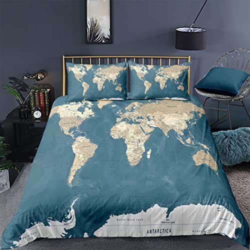 RFFLUX 3D Weltkarte Vintage bemalt Bettwäsche Set 135x200 cm 2teilig mit Reißverschluss Weiche und Angenehme Schlafkomfort Microfaser Bettbezug Kinderbettwäsche mit Kissenbezug 80x80 cm