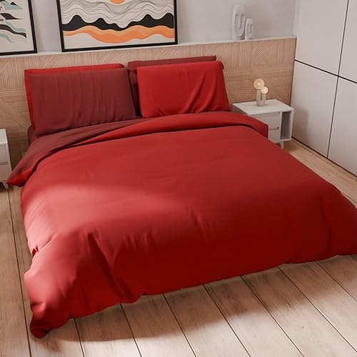 PETTI Artigiani Italiani - Double Duvet Cover, Duvet Cover and Pillowcases in Microfiber, Bicolor Red/Bordeaux, 100% Made in Italy