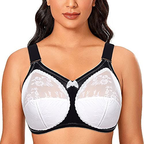 Ayigedu Ladies Plus Size Bra Minimiser Lace Full Coverage Firm Hold Non Padded Non Wired 32-G Black White