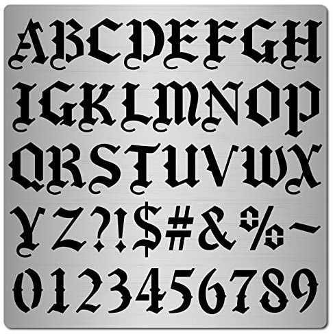 GORGECRAFT Metall Gothic Schrift Schriftzug Schablone Edelstahl Altenglische Schrift Altes Alphabet Zahlenvorlage Runen Satzzeichen Schablonen Zum Malen Holzbrennen Brandmalerei Gravur 16x16cm
