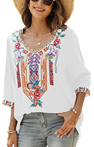 Seasonal Boho Kleidung Damen, Tunika Damen Sommer, Stickerei Folklore Kleid, 70er Jahre Bluse, Ethno Kleidung Damen mit V-Ausschnitt, Hippie Kurzarm 3/4 Arm Lose Oberteil (Small, 328-Weiß)