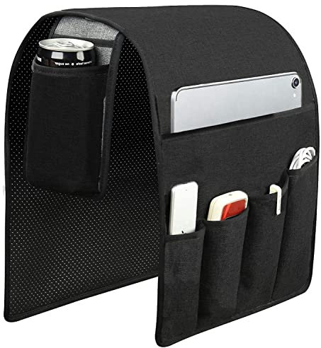 Spacmirrors KOSTOO Sofa Armrest Organizer Couch Arm Chair Caddy Sofa Cover Storage Holder for Remote Control Magazine Book Smart Phone Tablet Drinks and Water Bottle (Black)