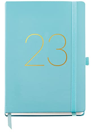 Miquelrius - Jahresplaner 2023 – Tagesseite – Größe Plus 155 x 213 mm (ca. A5) – Einband aus Kunstleder – Gummizug – Spanisch, Englisch und Portugiesisch – Aquamarin