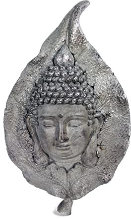 Arnusa Wandskulptur Blatt mit Buddha Wanddekoration 59x35x10cm Figur Gartenfigur Gartendekoration Asia Kunststein