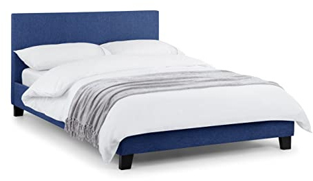 Julian Bowen Rialto Bed, Double, Linen-Effect, Blue - W150 x D200cm | Upholstered Bed Frame, 135cm/4ft6, No Box Spring Needed, Solid Hardwood Frame, Minimalist Design