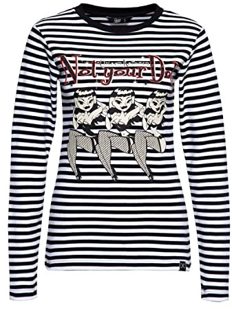 Queen Kerosin Damen Langarm Shirt Schwarz Rot Gestreift Pin-Up Frontprint Vintage Print Comic-Style 50´S Not Your Doll