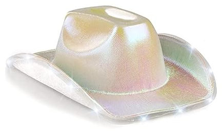 LEEMASING Unisex Cowboyhut mit blinkender LED-Krempe, lustiger beleuchteter Hut für Hochzeit, Abschlussball, Geburtstag, Party, Halloween (weiß)