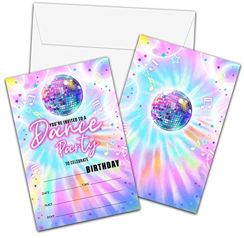 Foosproea Einladungskarten für Tanz-Geburtstagspartys mit Umschlägen – Disco-Party-Einladungskarte für Mädchen/Jungen – Discokugel-Ausfüllkarten – Neon-Regenbogen-Glow-Party-Feier (20 Stück)-11