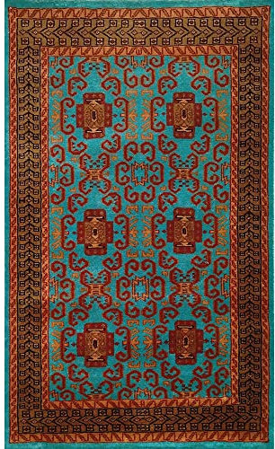 Amma Carpets Handgefertigter Teppich aus Wolle, handgefertigt, Türkis, 90 x 152 cm