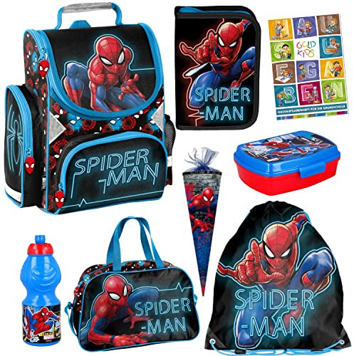 Goldkids Schulranzen Spiderman ergonomischer Ranzen Federmappe Zuckertüte Turnbeutel Trinkflasche Brotodose Sporttasche Aufgabenheft für die Grundschule 8er Set Lizenzartikel Marvel Spiderman