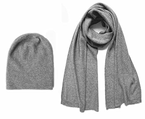 Herren-Set aus 100% reinem Kaschmir, Mütze und Schal, passende lässige Beanie und Schal, 2-in-1 Winter-Strickbündel, Outdoor-Ski-Sportmütze, Geschenk, einfarbig für Männer, Grau (Mid Grey)