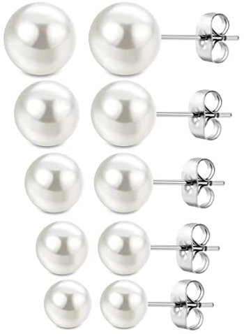 5 Paires Boucles D'oreilles en Perles Blanches 4mm/ 6mm / 8mm / 10/ 12mm, Boucles D'oreilles pour Femme,Fête des mères Anniversaire Cadeau de la Saint-Valentin