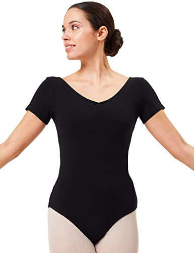 tanzmuster Ballett Trikot Damen Kurzarm - Fenja - Baumwolle - Bustier - geraffter Ausschnitt - schwarz 36 - Tanz Body - Ballettkleidung für Erwachsene