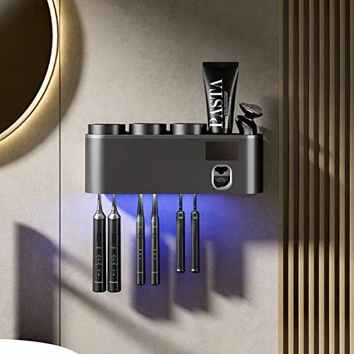 UV Zahnbürstenhalter Desinfektion, Badezimmer Caddy für Zahnbürsten Badezimmer elektrisch, Zahnbürsten Halter Sterilisator Wand, Solar- oder USB-Aufladung, 3 Tassen, 6 Zahnpasta Halter-UV Gray