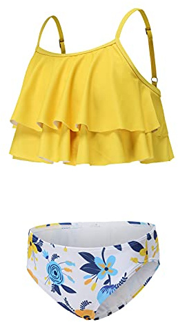 Aisyee Maillot de Bain Fille 2 Pièces Bikini Fille 9-10 Ans Jaune Étoile Hawaïen Extensible Séchage Rapide Col V Rond Haute Sans Manche Triangle Cheeky