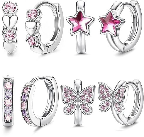 JeweBella 4er Set Kleine Creolen Ohrringe Silber für Damen & Mädchen - Rosa/Blau mit Herz, Stern & Schmetterling Zirkonia Steine, Hypoallergen, Schlafen, Huggie & Knorpel Ohrringe für Kinder