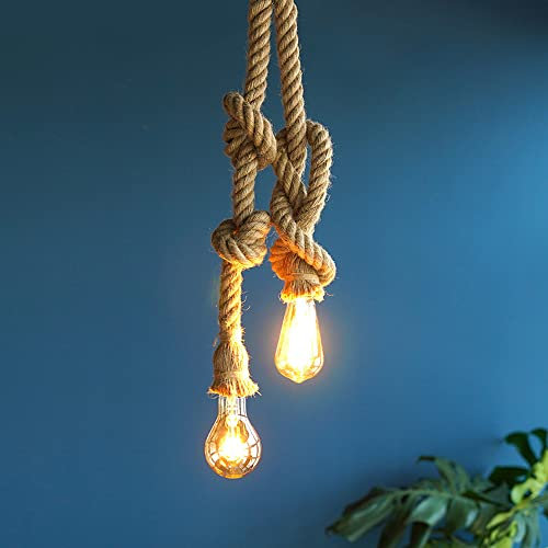 Rrzshop Vintage Hemp Rope Ceiling Pendant Light Fitting, Retro Chandelier Lampshade Light Fixtures, Industrial E27 Lamp Holder for Kitchen Living Room Bedroom Dinning Room