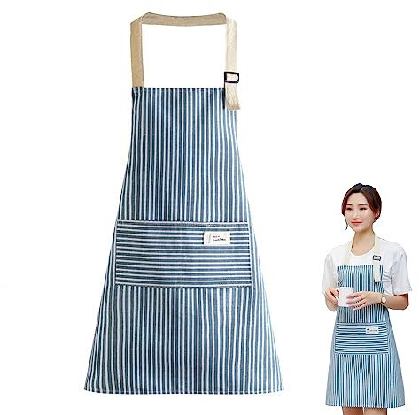 FAMIDIQGO Delantal de cocina para mujer, delantal de cocina con bolsillo, suave, impermeable, delantal de algodón y lino, para cocinar, hornear, pintar, tareas domésticas (rayas azules), azul, XL