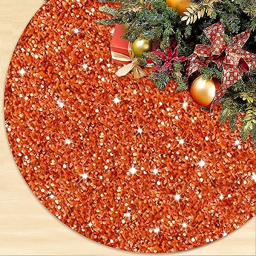 ROMANKAS Glitter Christmas Tree Skirts 21 inch Orange Sequins Halloween Tree Skirt Velvet Tree Mat for Pencil Tree Paillette Sparkly Tree Skirt Cover Thanksgiving Hallowern Christmas Tree Carpet