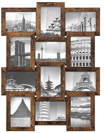 SONGMICS Marco de Fotos Múltiples, 12 Marcos de Fotos Collage para Pared, Marcos de Fotos 10 x 15 cm, Decoración de Pared, Requiere Montaje, Marrón Rústico RPF026X01