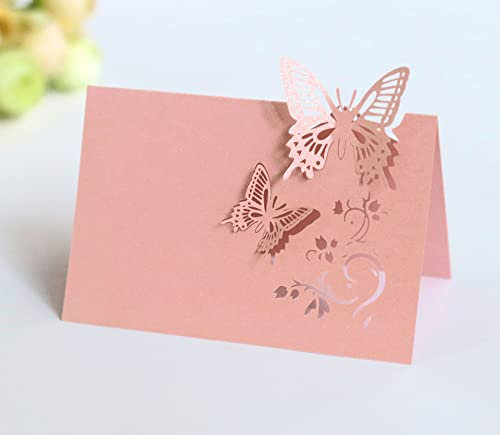 Tischkarten Namenskarten 50 Stück Laser Schnitt 3D Schmetterlinge Platzkarten Blanko Namenskarten Hohle Sitznummernkarten für Hochzeit Geburtstag Kommunion Präsentationen DIY Tischdeko -Rosa