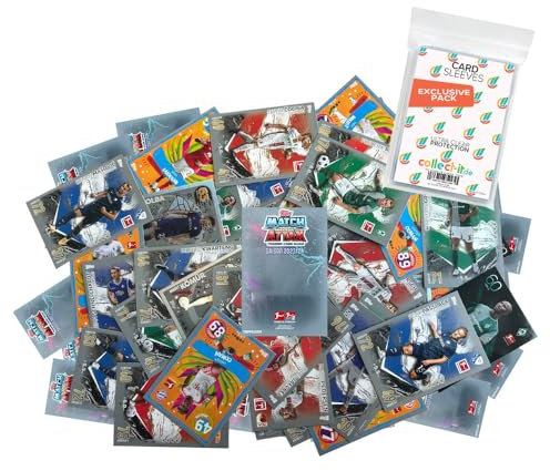 Bundle mit Topps Match Attax Bundesliga - 2023/24-50 Verschiedene, zufällige Karten + 1 seltene Nationalspiel Karte + Exklusive Collect-it Hüllen