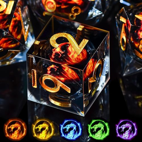 SIQUK 7 Stück DND Würfel Set Würfel Spielwürfel Liquid Core Würfel Polyedrische Würfel Set mit Geschenkbox für Dungeons and Dragons RPG MTG (Rote Flamme Drache)