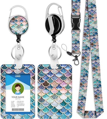 bolimoss Lanière sirène avec porte-cartes, porte-carte d'identité en plastique avec cordon détachable, bobine rétractable, porte-badge et sangle tour de cou pour clés, badge