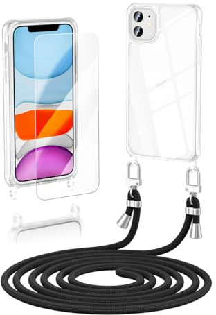 Anshow Verbesserte Handykette für iPhone 12 Mini Hülle mit Band + 1 Schutzfolie, Necklace Stoßfest Handyhülle iPhone 12 Mini Case Transparent Schutzhülle zum Umhängeband Abnehmbar, Schwarz