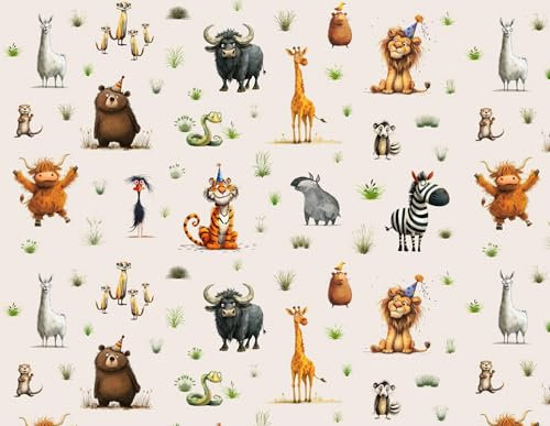 Keine Meterware, Stoffe zum Nähen, Safari Stoff für Kinder, 100% Baumwolle: 1m Baumwollstoff mit Tiere - Wildtiere Kinderstoff - Löwe Tiger Giraffe Zebra - Safariliebe