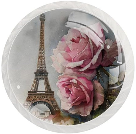 JAVENPROEQT Lot de 12 boutons de placard ronds en verre cristal Motif Tour Eiffel Paris Rose 3,5 x 2,8 cm