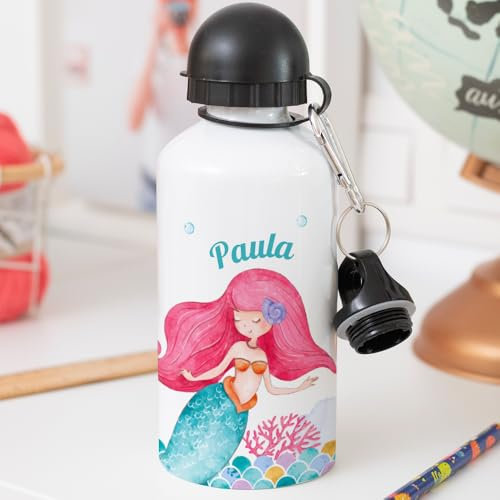 Transparent Gift Botella de Agua Infantil Personalizada con Nombre Sirenita Niño y Niña para Guardería. Cantimplora Niños y Niñas. Regalo de Cumpleaños y Vuelta al Cole. Aluminio con Tapón y Pajita