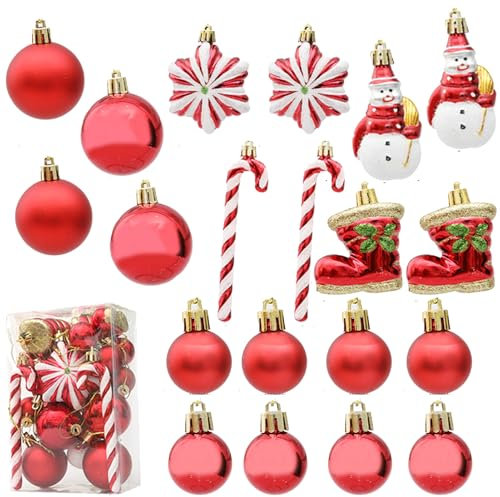 HERZONE 20pcs weihnachtsanhänger Weihnachtsbaumschmuck weihnachtskugeln, zuckerstangen,Sterne,schneemann und Weihnachtsstiefel für Weihnachtsbaum (B-rot)